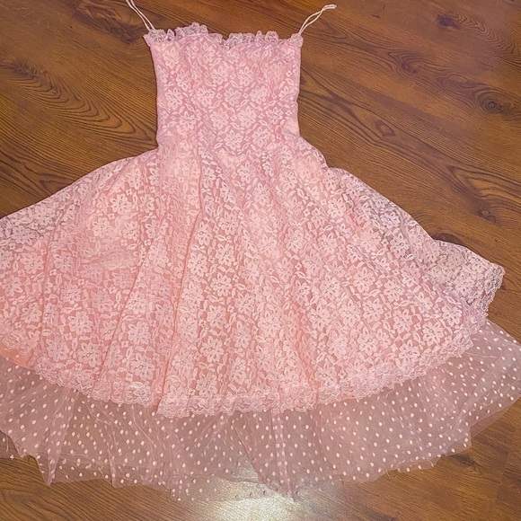 🌷 Algo Boutique 🌷 Vintage Light Pink Lace Crinoline  A Line Strapless Dress - Picture 12 of 17
